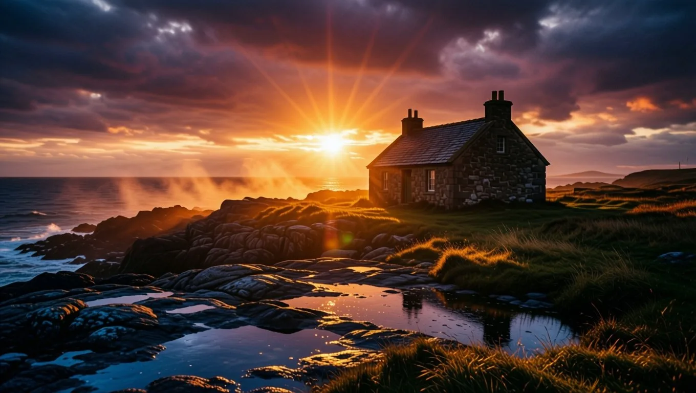 Stone cottage on a rocky coastline at golden hour with sun rays breaking through storm clouds and tidal pools reflecting the sky