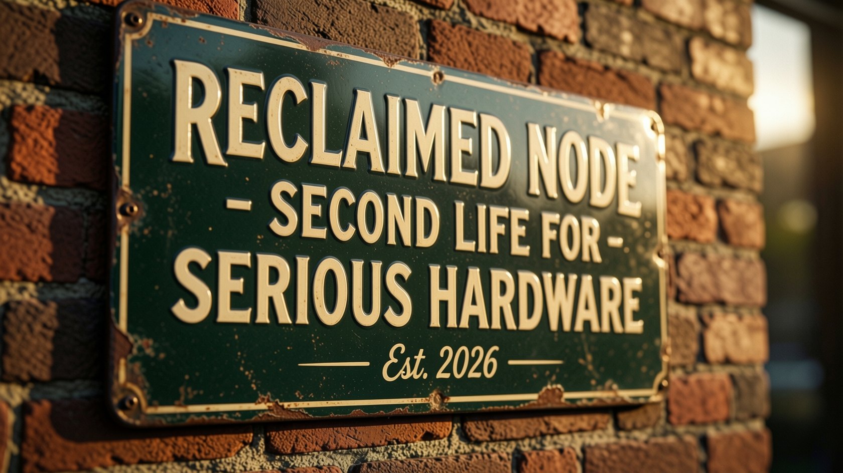 Weathered green enamel sign on a brick wall reading Reclaimed Node - Second Life for Serious Hardware, Est. 2026, generated locally with Qwen Image 2512
