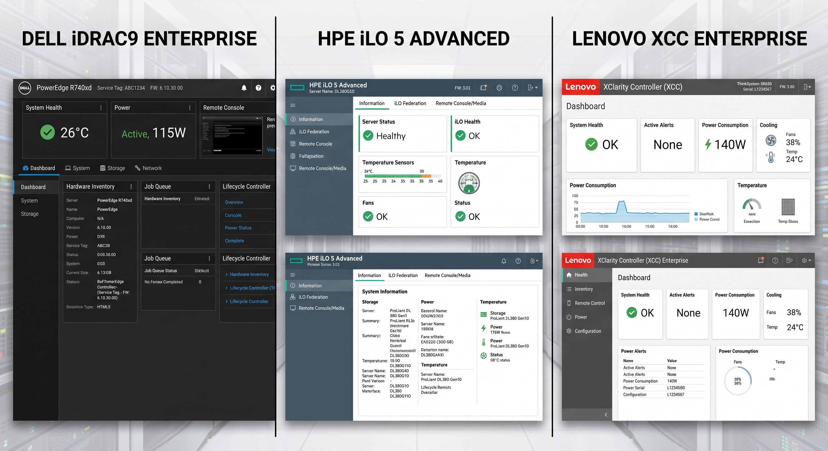 Dashboard comparison of Dell iDRAC, HPE iLO, and Lenovo XCC