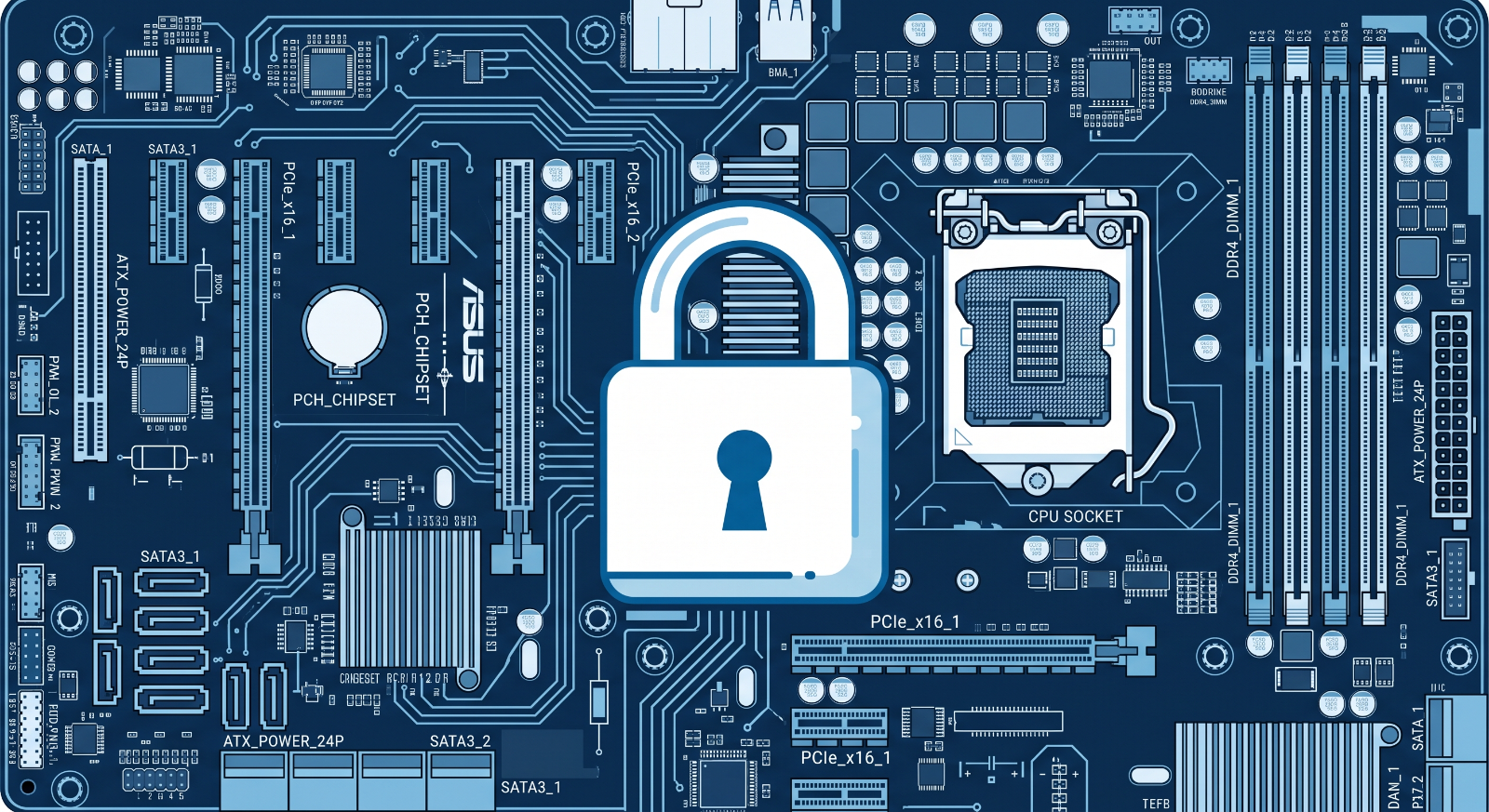 Illustration of a padlock over a server motherboard diagram showing PCIe slots and CPU socket
