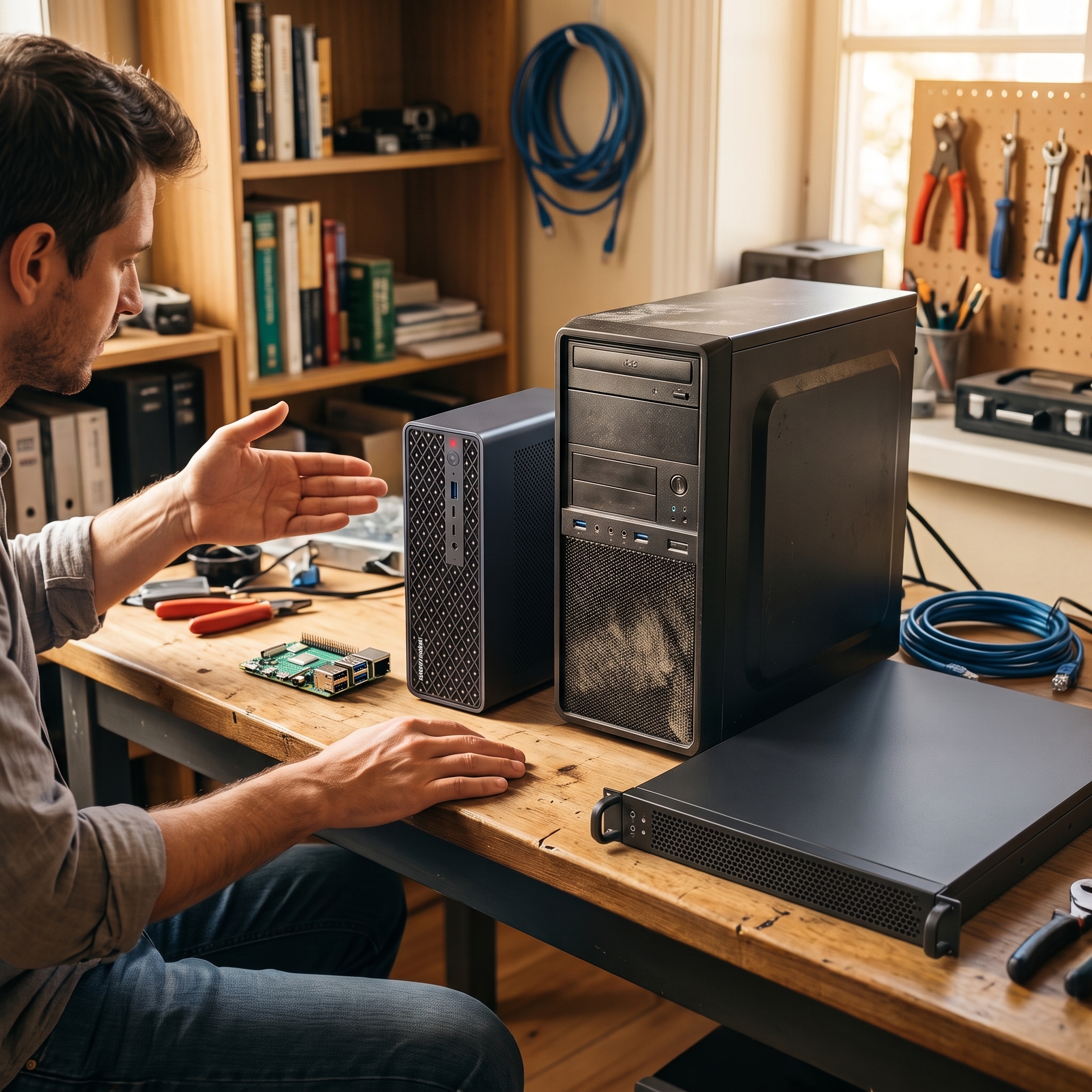 A workbench with a Raspberry Pi, a mini PC, a desktop tower, and a rackmount server side by side