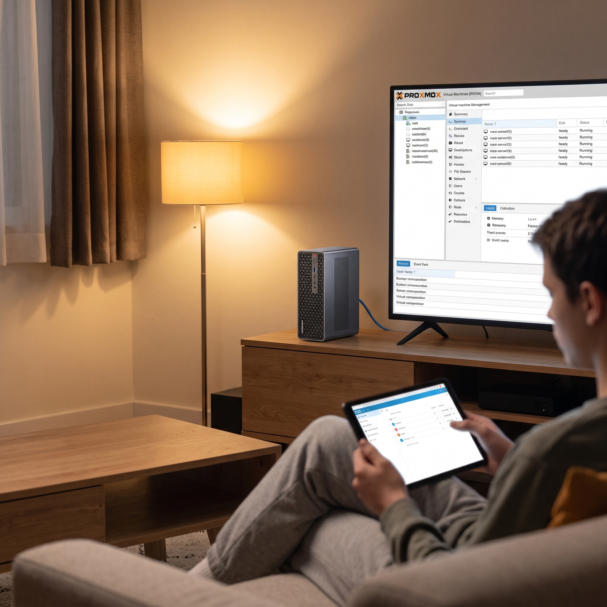 A mini PC running Proxmox on a living room media console, managed from a tablet