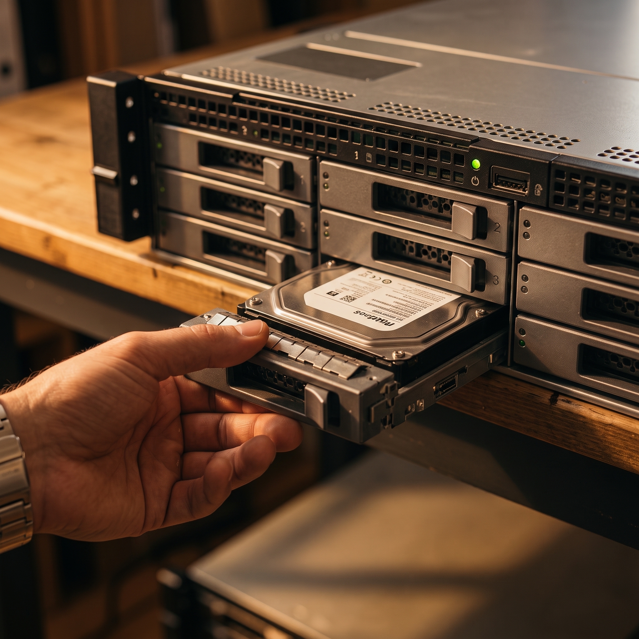 A hand sliding a hot-swap hard drive caddy into a rackmount server bay