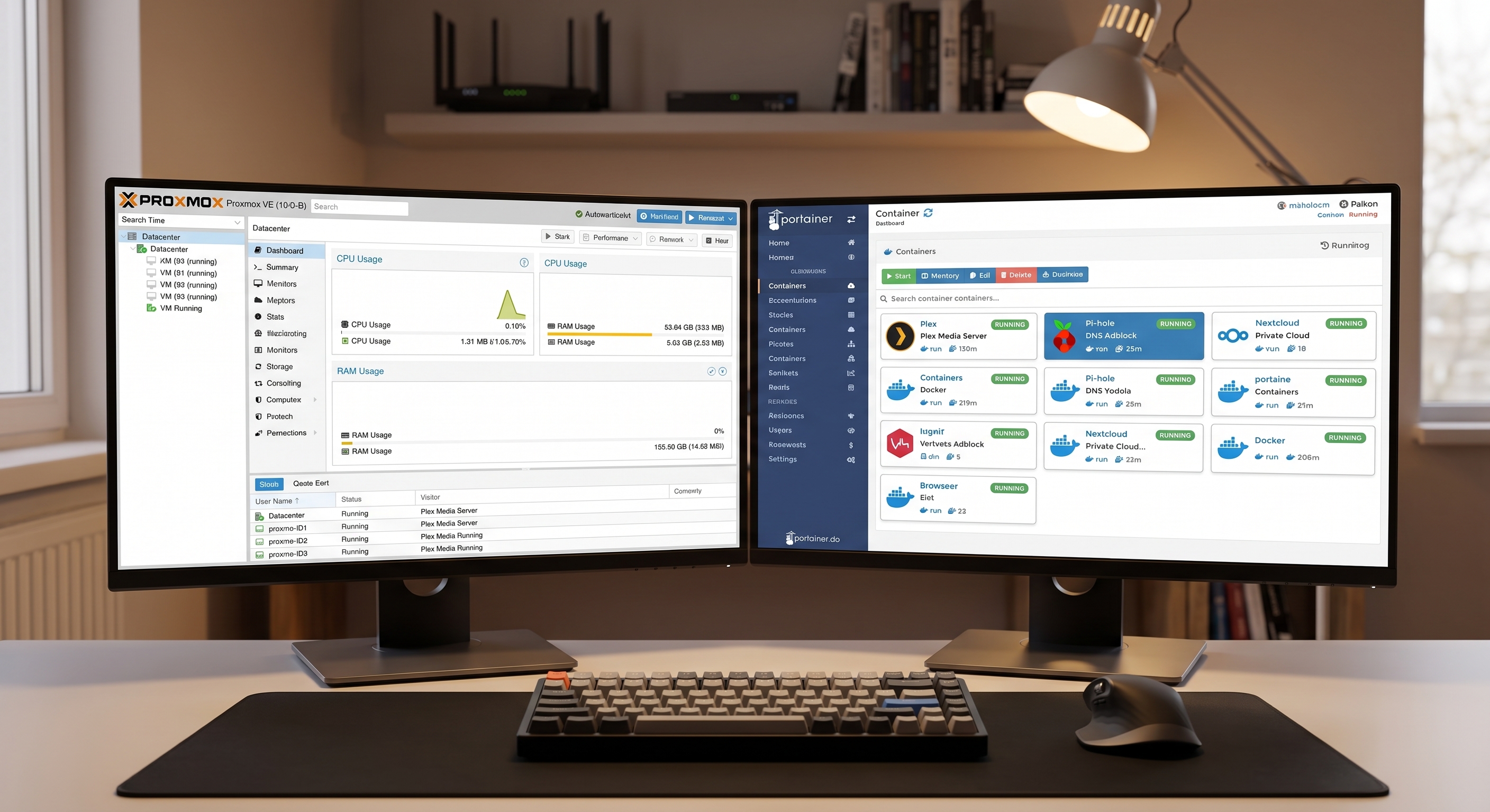 Dual monitors showing the Proxmox VE dashboard beside a Portainer container list