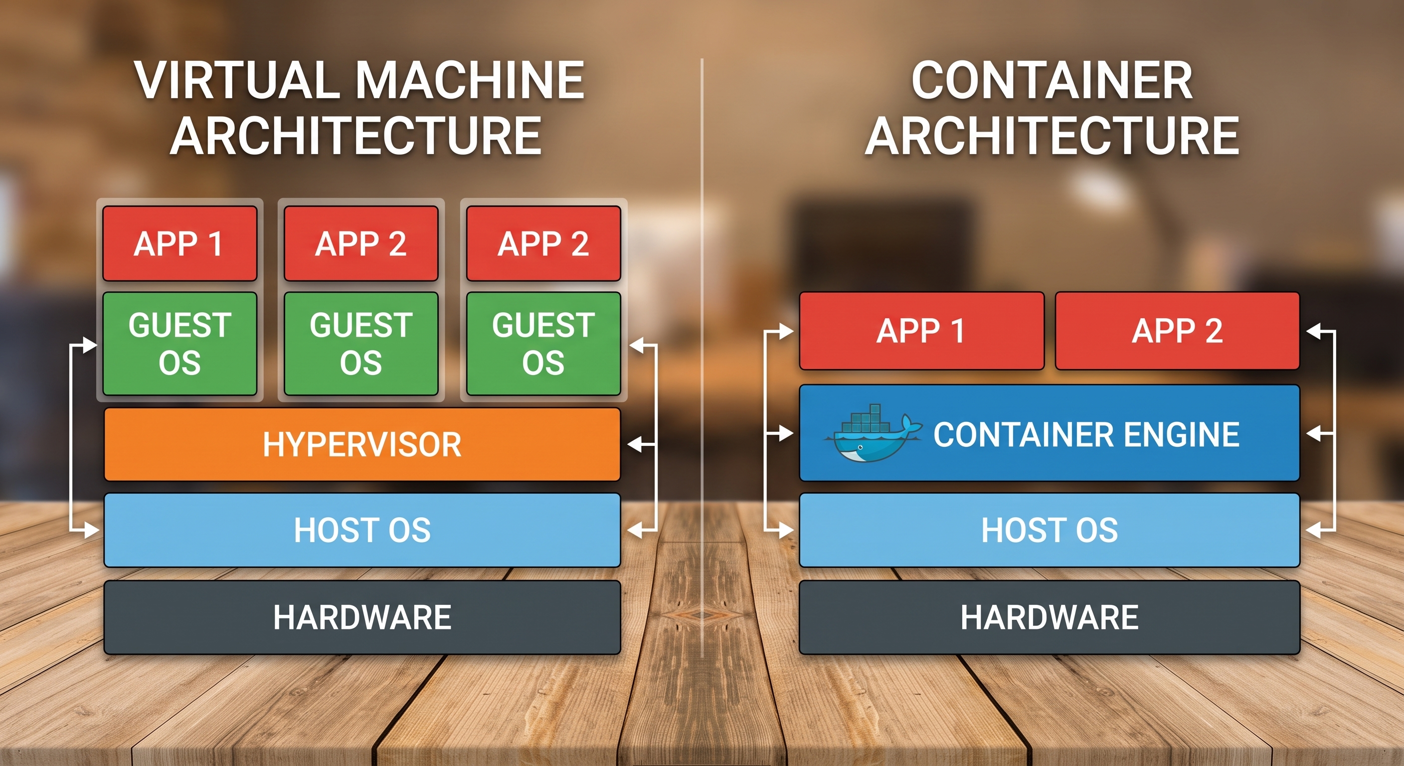 Diagram comparing virtual machine architecture with container architecture