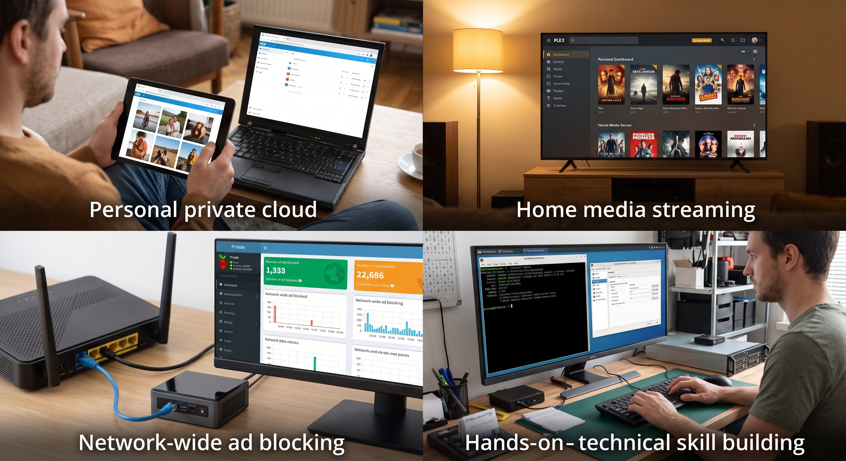 Four homelab uses: personal private cloud, home media streaming, network-wide ad blocking, and hands-on technical skill building