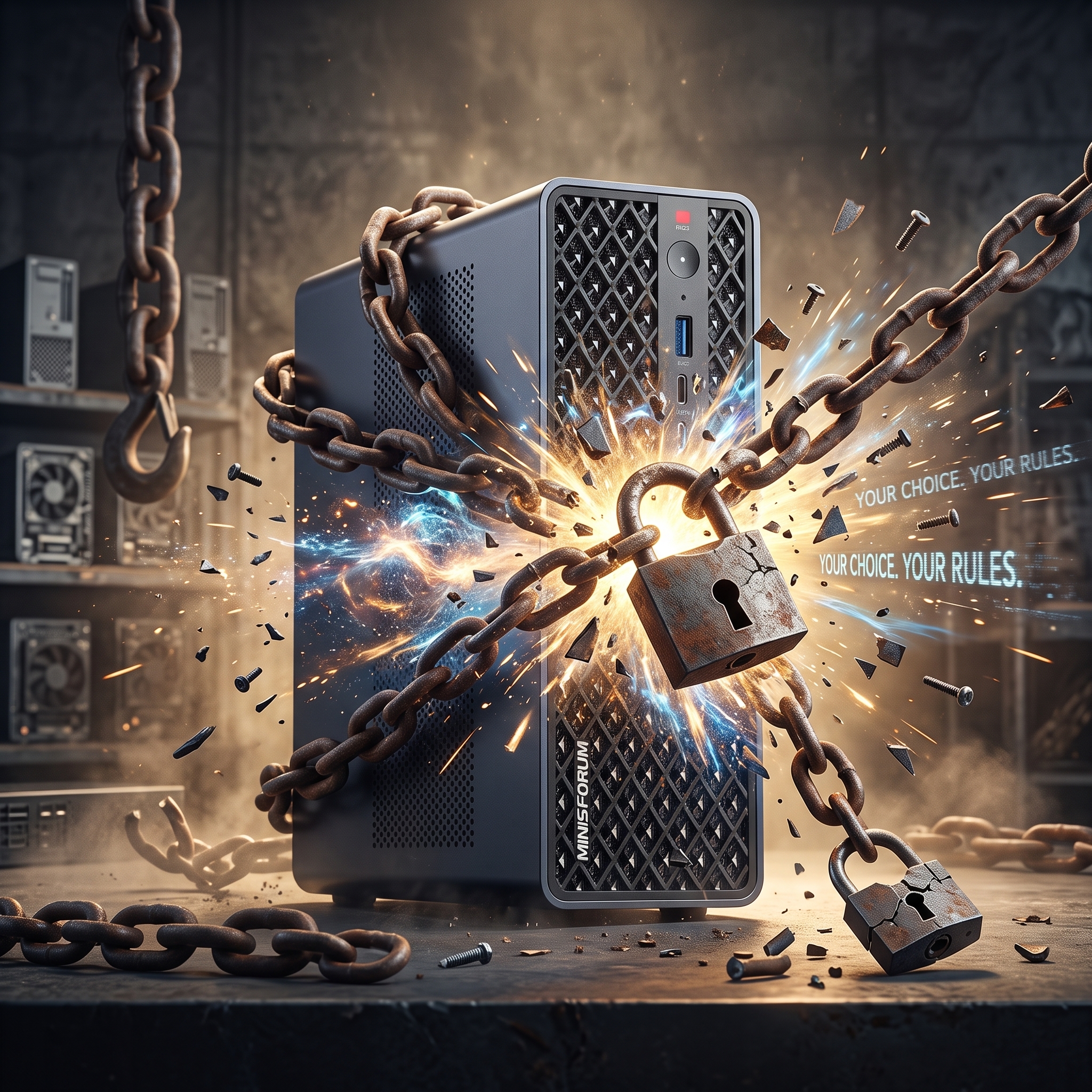 A mini PC breaking free of chains and padlocks beside the words Your Choice. Your Rules.