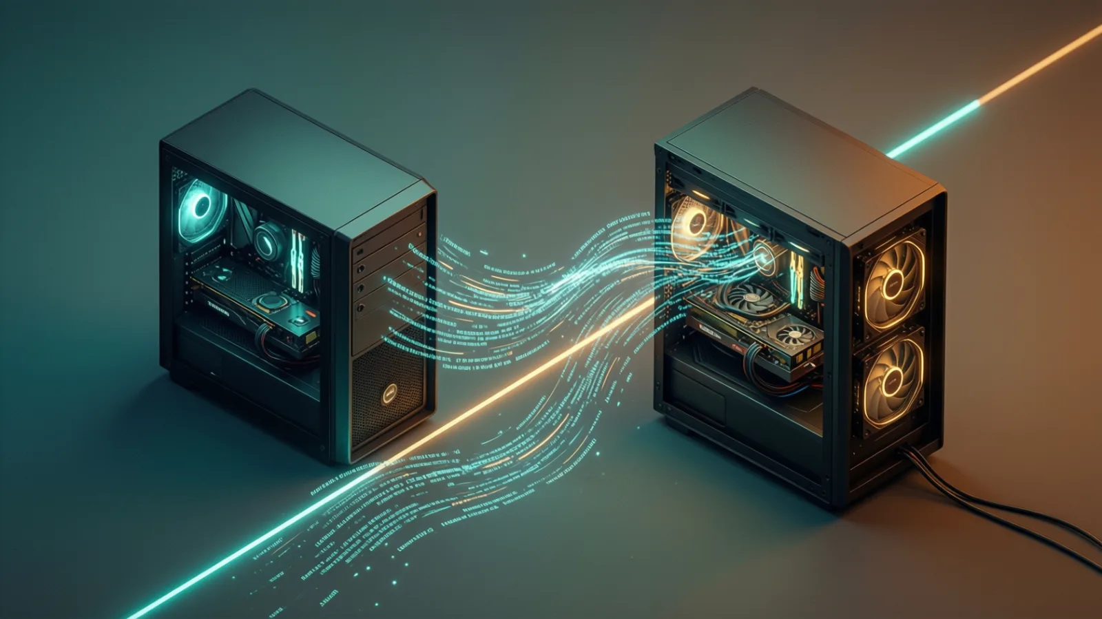 Two GPU workstations facing each other with streams of glowing tokens flowing between them
